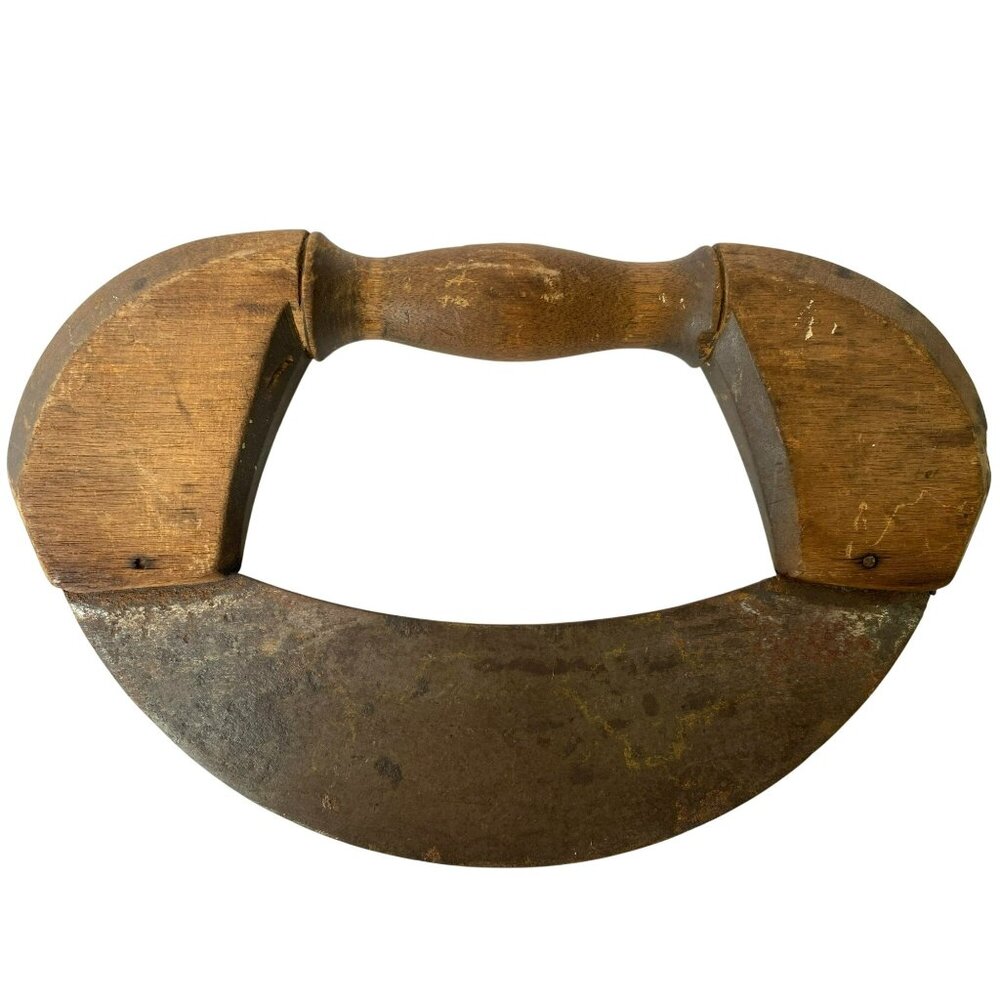 Vintage Antique Kitchen Tools Wooden Handle Mezzaluna & Metal Chopper Rustic - Picture 3 of 7